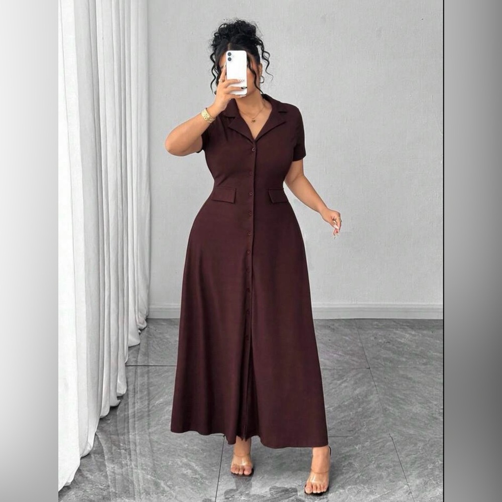 Elegant Brown Ribbed Button long Dress